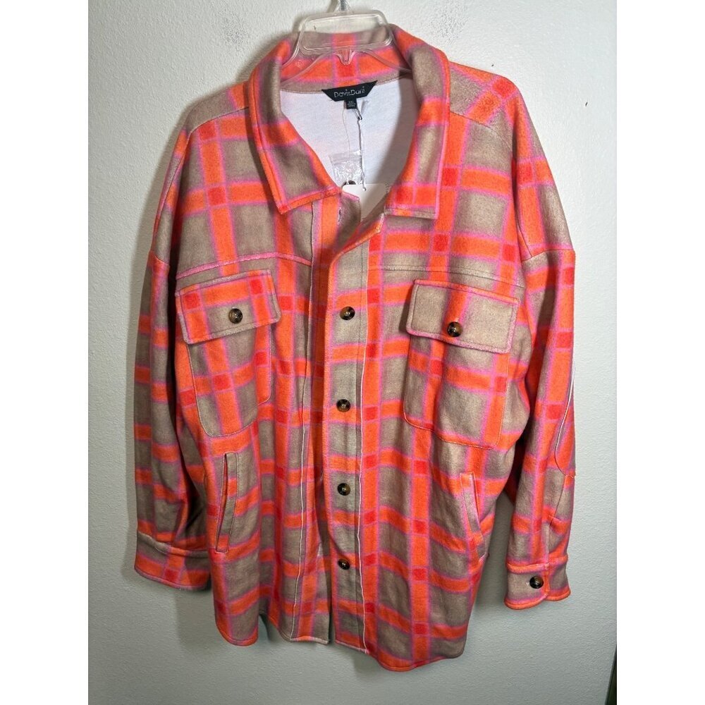 NWT Davi & Dani Shacket Shirt Felt Jacket Soft Check Vibrant Orange Beige Sz 2XL